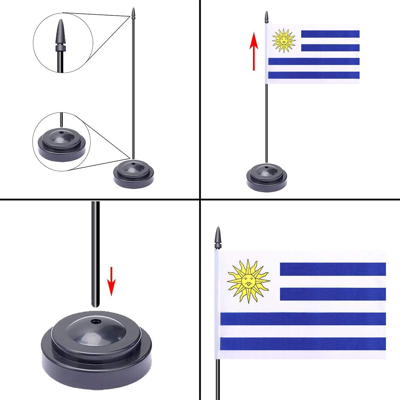 WXTWK 2 Pack Uruguay Flag Uruguay Deluxe Desk Flag Set - Mini Small Uruguayan Table Office Flags with Black 12" Solid Pole Stand Base Classroom Meeting Desktop Decorations