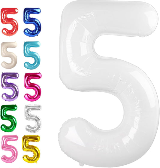 Large White 40 Inch Birthday Number 5 Balloon, White Five 5th 15 25 35 50 55 Birthday Anniversary Celebration Decorations, Foil Mylar Helium Numbers 5 Balloons Girl Boy Party Supplies