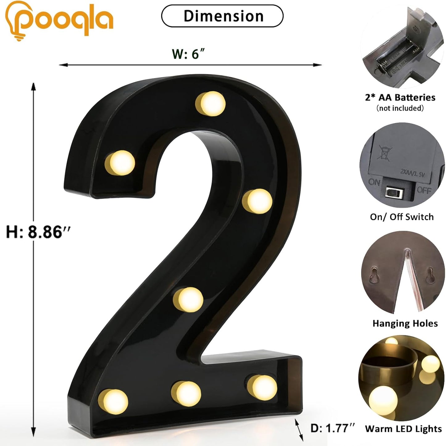 Pooqla Decorative Led Light Up Number Letters, Black Plastic Marquee Number Lights Sign for 2nd 21th Birthday Party Wedding Decor Battery Operated Black Decoration 2