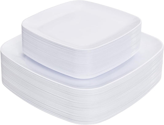 PULOTE 60PCS White Square Plastic Plates Disposable - Heavy Duty Party Plates Include 30 Dinner Plates,30 Dessert Plates for Parties&Weddings