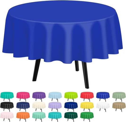 QIKSION Dark Blue Round Tablecloth 6 Pack, 84 Inch Plastic Table Cover Disposable for Parties