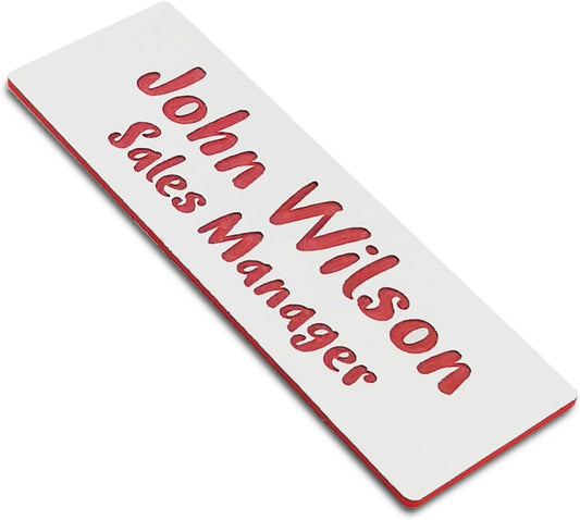 Custom Engraved Name Tag Badges for Business, Personalized Identification with Pin, Magnetic, Adhesive, or Blank Backing, 1"x3", White/Red Text