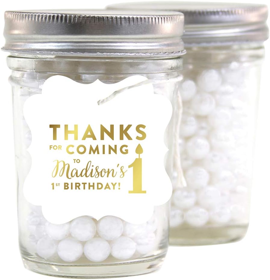 Andaz Press Personalized Fancy Frame Square Birthday Gift Tags, Metallic Gold Ink, Thanks for Coming to My 1st Birthday, 24-Pack, Custom Made Name