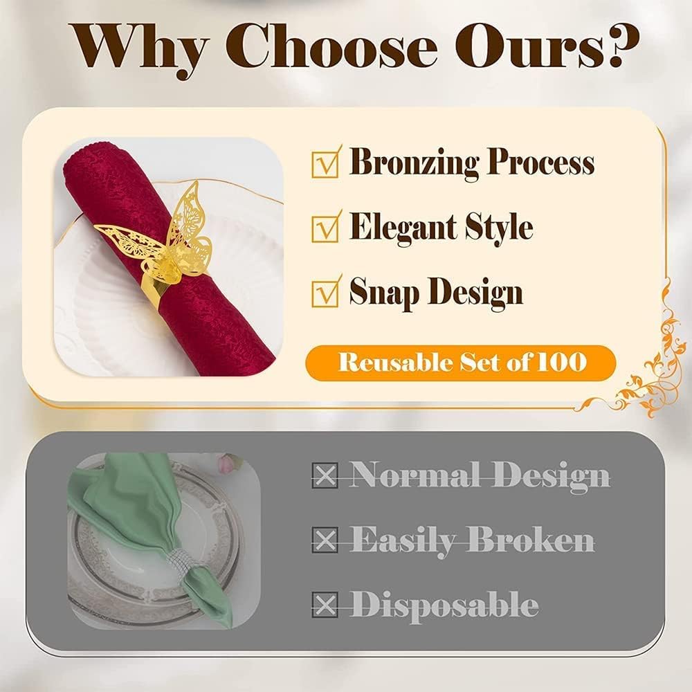 150 Pcs Napkin Rings Laser Cut Butterfly Shape Foil Paper Napkin Holder for Weddings Party Serviette Table Decoration Restaurant (Gold)