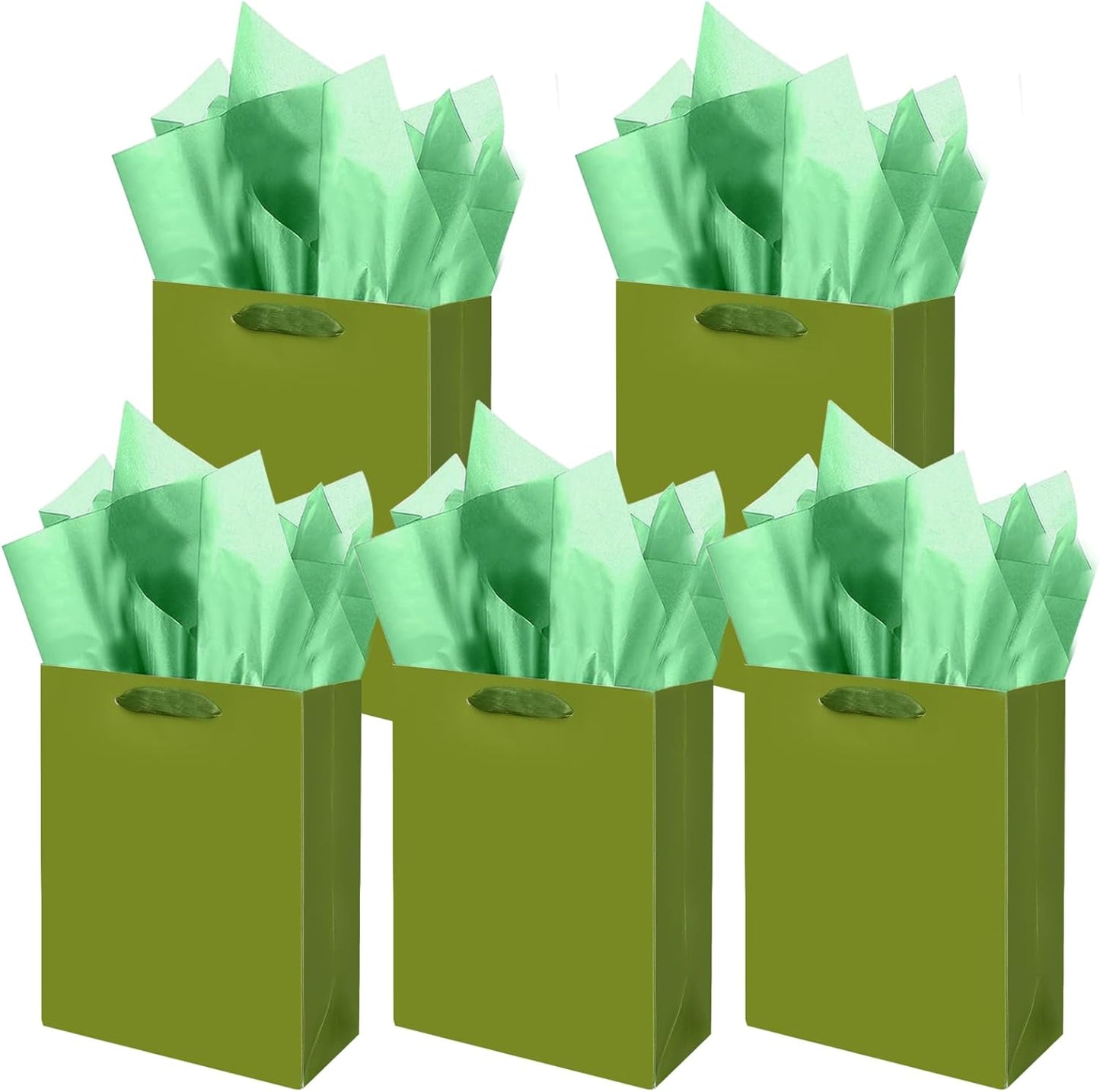 Gcardist Olive Green Gift Bags with Tissue Paper for Wedding, Birthday, Party Supplies-7.9"x4.3"x9.6" Medium Size Cardboard Gift Bags（5pcs Bags +10pcs Tissue Paper ）