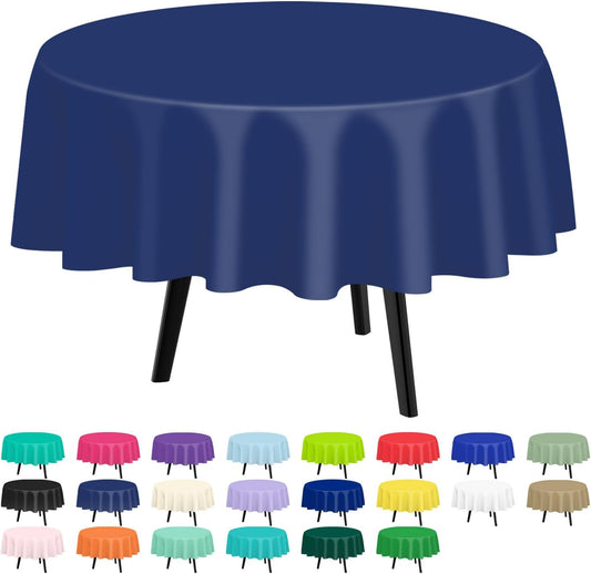 QIKSION Navy Blue Round Tablecloth 6 Pack, 84 Inch Plastic Table Cover Disposable for Parties