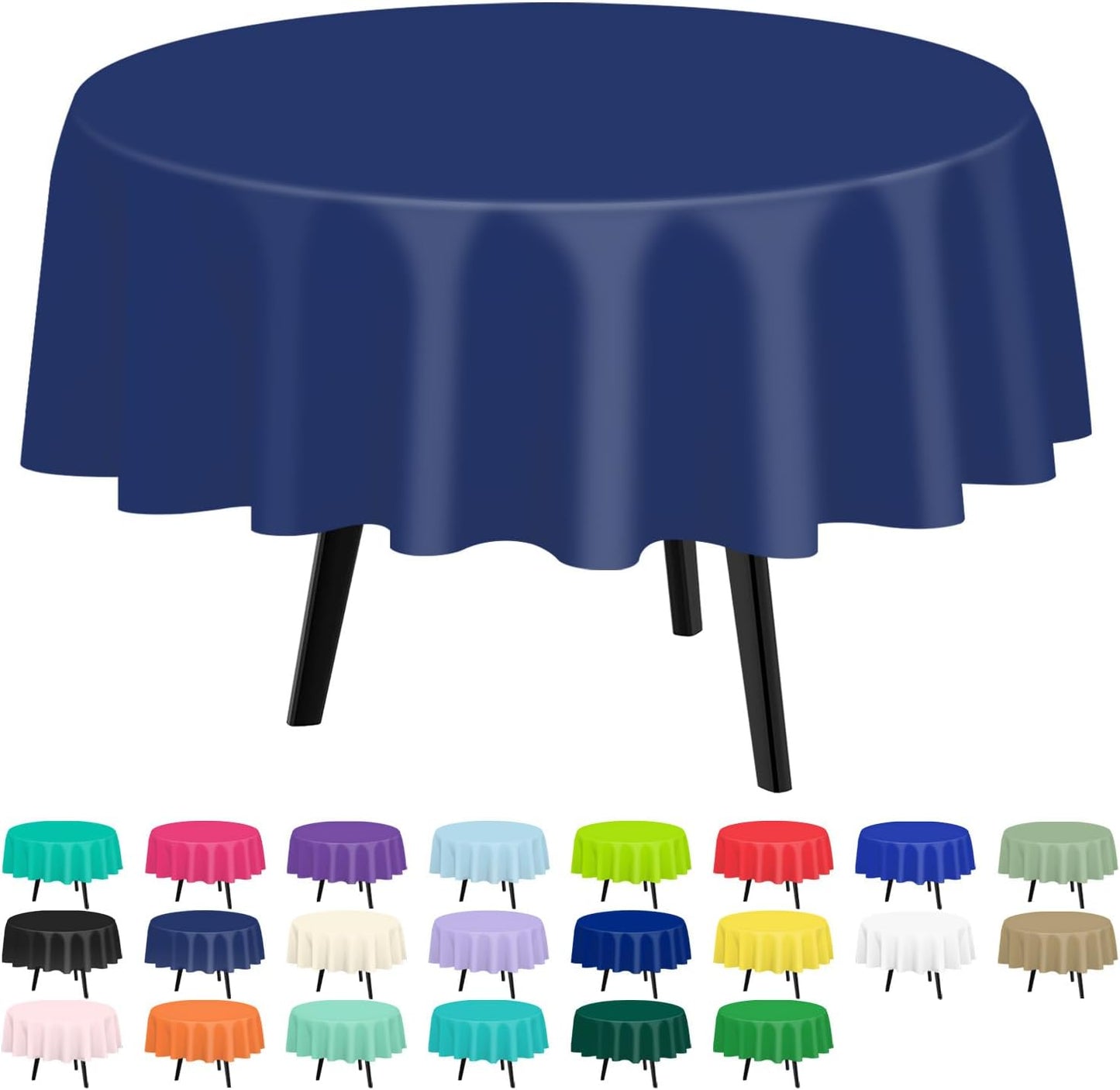 QIKSION Navy Blue Round Tablecloth 2 Pack, 84 Inch Plastic Table Cover Disposable for Parties