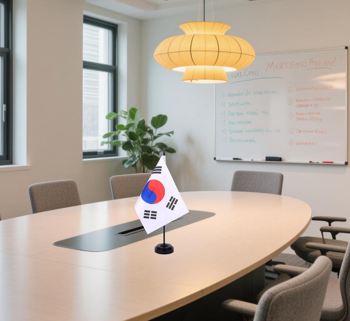 Korea Desk Flag 12" Solid Pole Deluxe Set Korean Flags Banner Mini Small Korea Office Table Flags with Black Stand Base Desktop Decorations(2Pack)