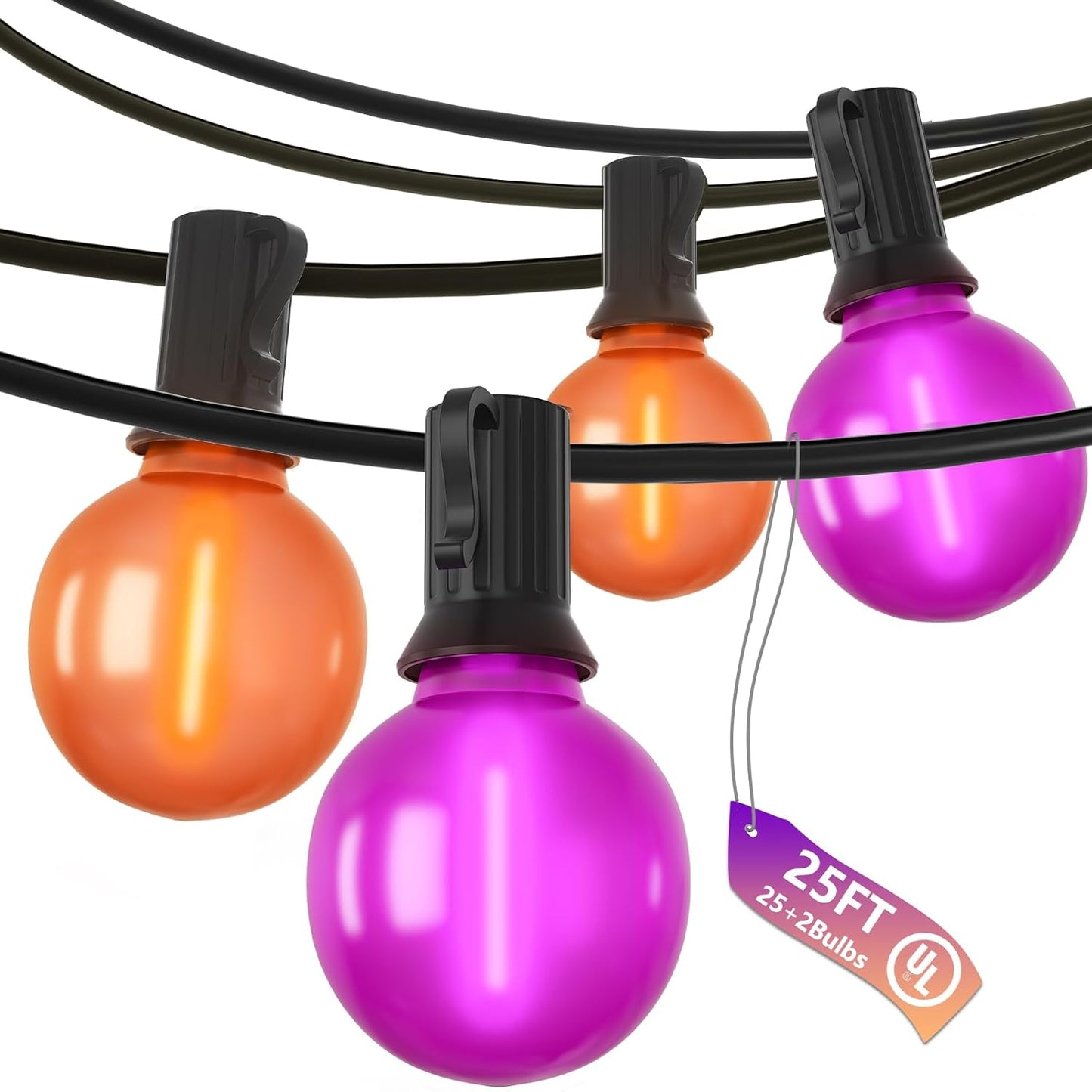 25ft Halloween String Lights Outdoor - G40 LED Orange and Purple String Lights with 27 Frosted Globe Bulbs(2 Spare), Vintage Halloween Decorations for Patio Balcony Porch Yard