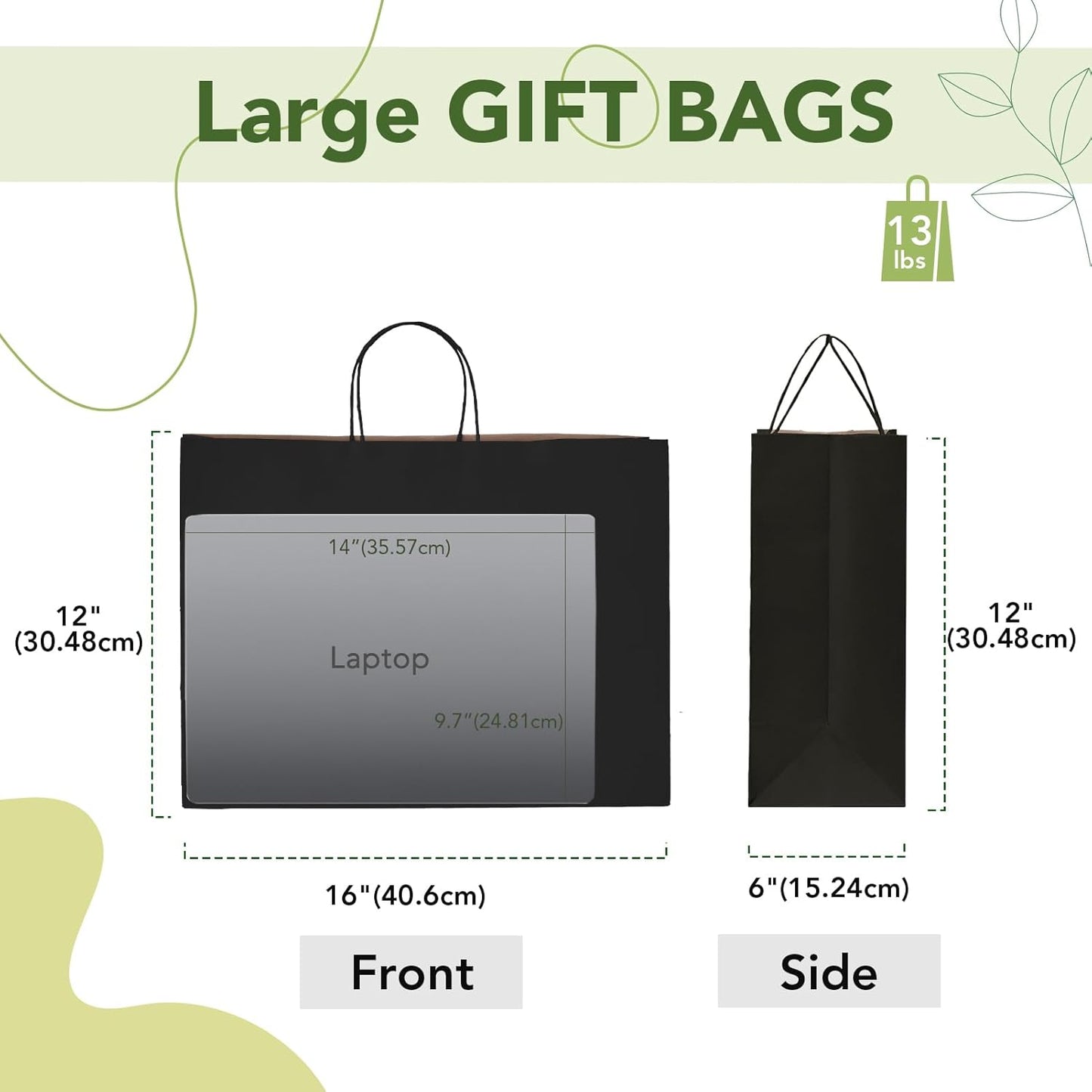 MESHA Large Black Paper Bags with Handles 16x6x12 Inch 25 Pack Paper Shopping Bags Large Gift Bags Craft Bag Kraft Bag for Small Business