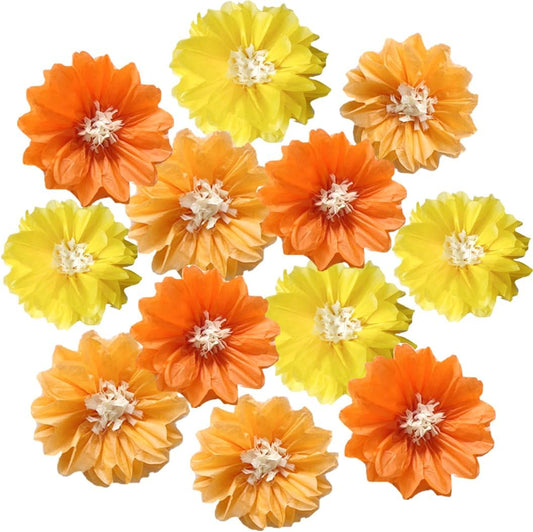 12pcs 10in 12in Paper Flowers Tissue Flowers Pom Paper Pom Poms Hanging Paper Flowers Wall Backdrop Wedding Party Flower Decorations DIY Art Craft Blooms for Birthday Baby Shower Decor Yellow Orange