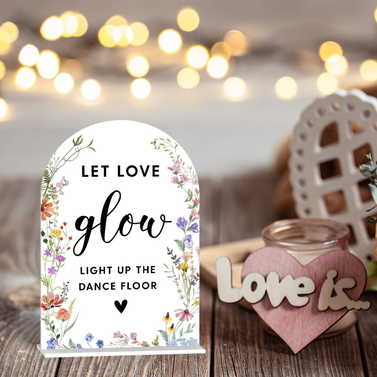 Acrylic Wedding Signs, Let Love Glow Signs for Marriage Reception, Bridal Shower Decorations, Modern Arched Round Top Acrylic Table Top Sign with Holder for Wedding Party Dinner (White Wildflowers)