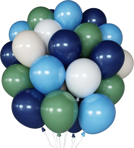 Balloons Green and Blue, 60Pcs 12 Inch Navy Blue Green White Latex Party Balloons for Kids Birthday, Jungle Safari Themed Party, Dinosaur Party Supplies, Baby Shower, Wedding, Anniversary