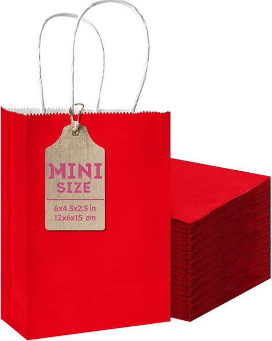 qiqee 50-Packs Red Paper Gift Bags with Handles Bulk 4.5"x2.5"x6" Mini Size Party Favor Bags Multiple Uses