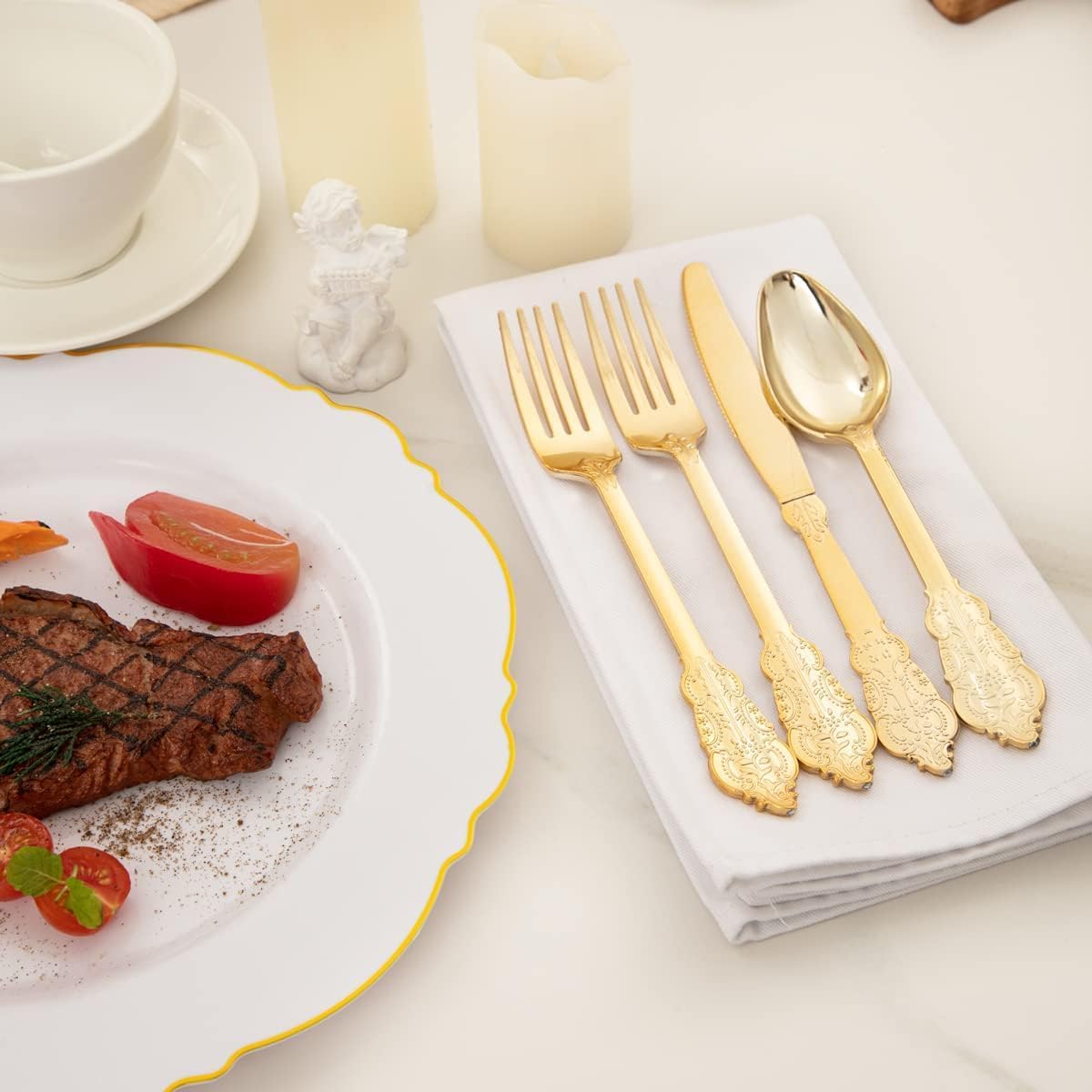 WDF 200 Pieces Gold Plastic Silverware Disposable - 50 Guests Heavy Duty Thanksgiving Gold Plastic Cutlery - Disposable Utensils Includes 100 Forks, 50 Spoons, 50 Knives Perfect for Party/Weeding