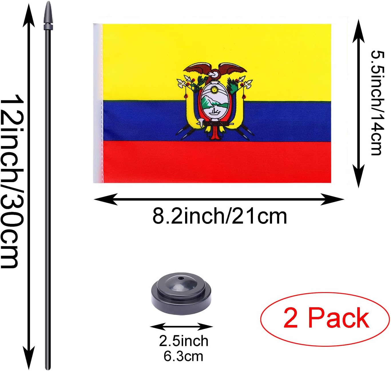 WXTWK 2 Pack Ecuador Flag Ecuador Deluxe Desk Flag Set - Mini Small Ecuadorians Table Office Flags with Black 12" Solid Pole Stand Base Classroom Meeting Desktop Decorations