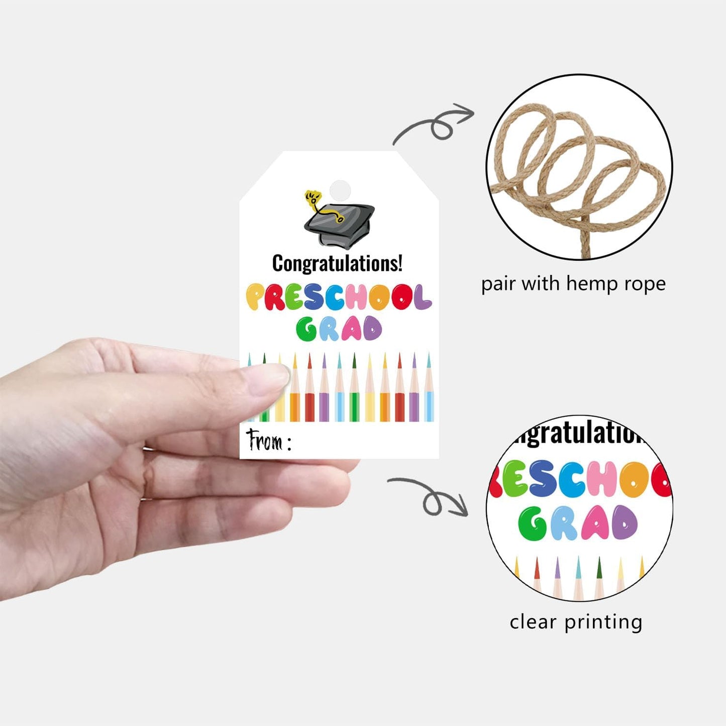 50 Pcs Pre School Graduation Gift Tags, Colorful Congratulations Gift Labels for Graduation Party Decoration Favors (pre School, 2.2 * 3.5)