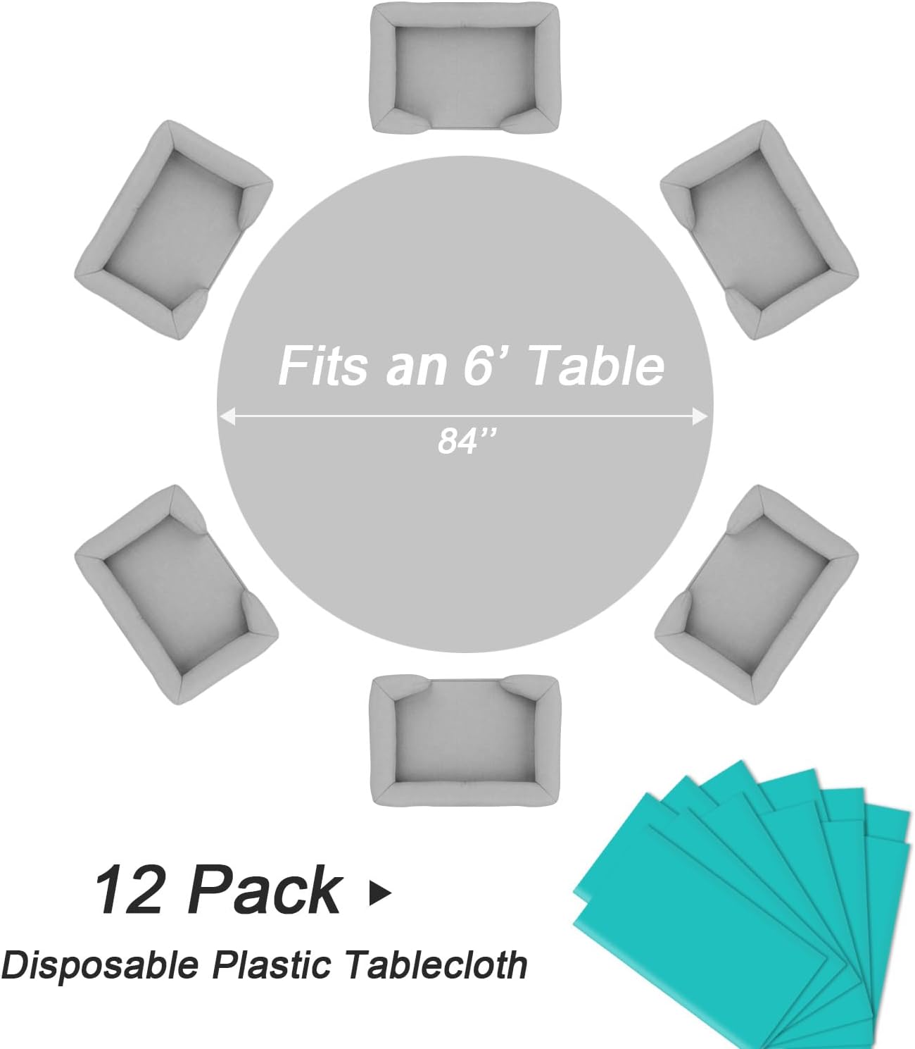 QIKSION Aqua Blue Round Tablecloth 12 Pack, 84 Inch Plastic Table Cover Disposable for Parties