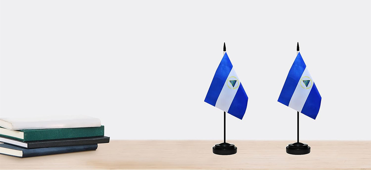 Nicaragua Nicaraguan Deluxe Desk Flag Set Small Mini Miniature Nicaragua Nicaraguan Table Desktop Flags With Solid Pole, Black Base and Spear Top(2 Pack)