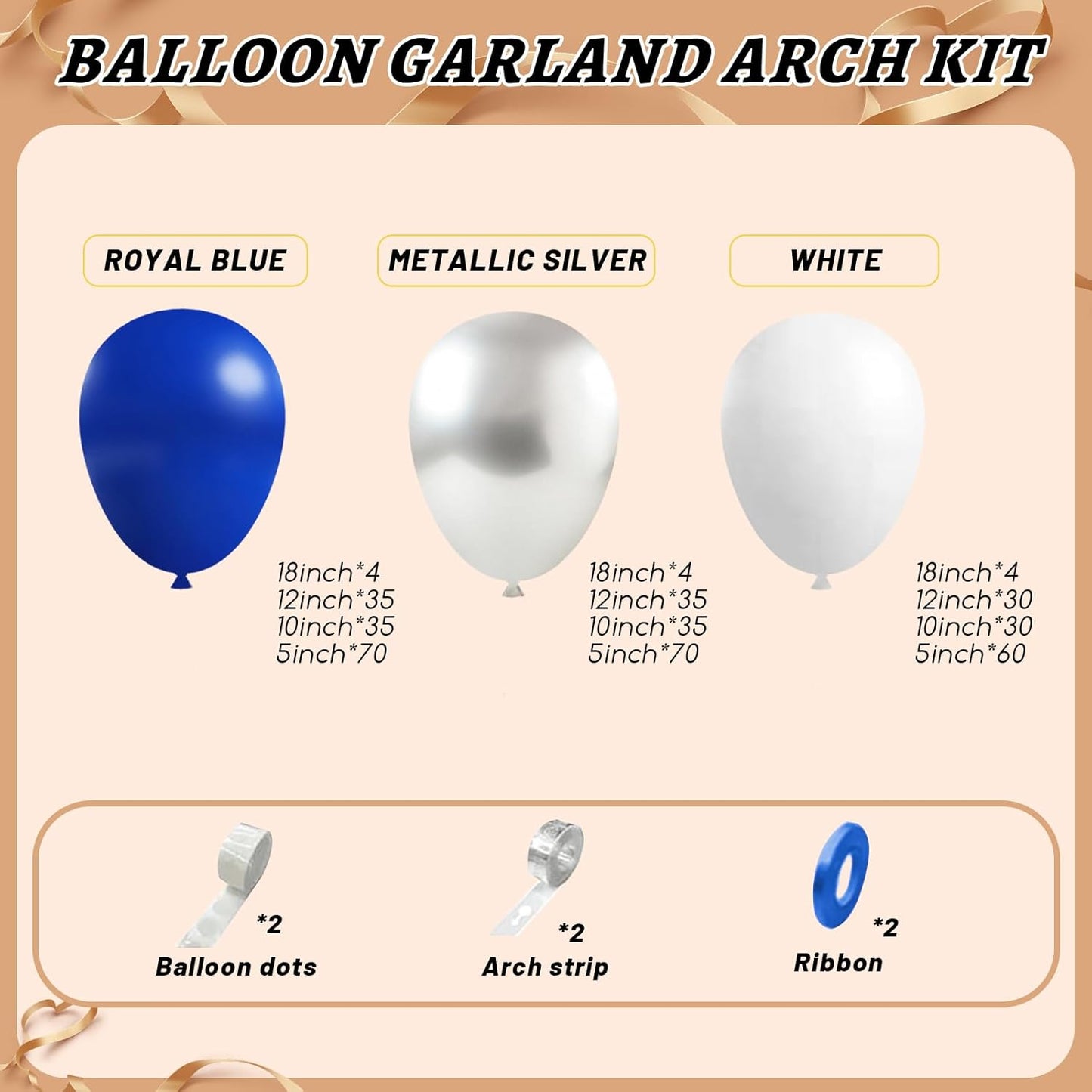412Pcs Blue White Silver Balloon Arch Kit,18 12 10 5 Inch Different Size Royal Blue and White Balloons for Graduation Birthday Wedding Party Decorations