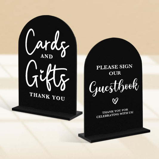 2 Pcs Acrylic Wedding Signs for Ceremony and Reception, Bridal Shower Decorations, Cards and Gifts Signs, Guest Book Sign, Arch Acrylic Table Top Sign with Holder for Wedding Reception (Black)