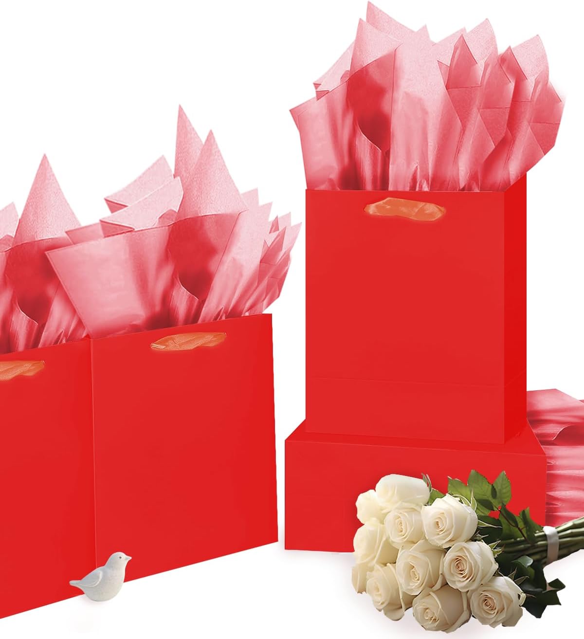 Gcardist Red Gift Bags with Tissue Paper for Wedding, Birthday, Party Supplies-7.9"x4.3"x9.6" Medium Size Cardboard Gift Bags（16pcs Bags +32pcs Tissue Paper ）