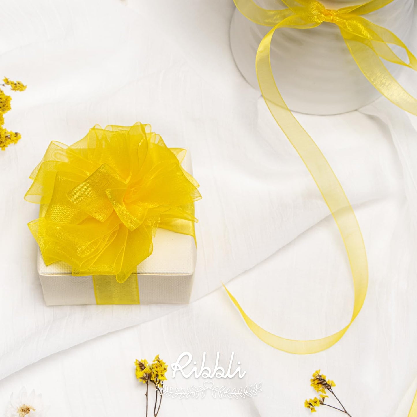 Ribbli Danffodil Yellow Organza Ribbon,1/2 Inches x Continuous 50 Yard, Yellow Sheer Ribbon for Gift Wrapping,Cookie Wrapping,Wedding Decoration,All Crafting and Sewing