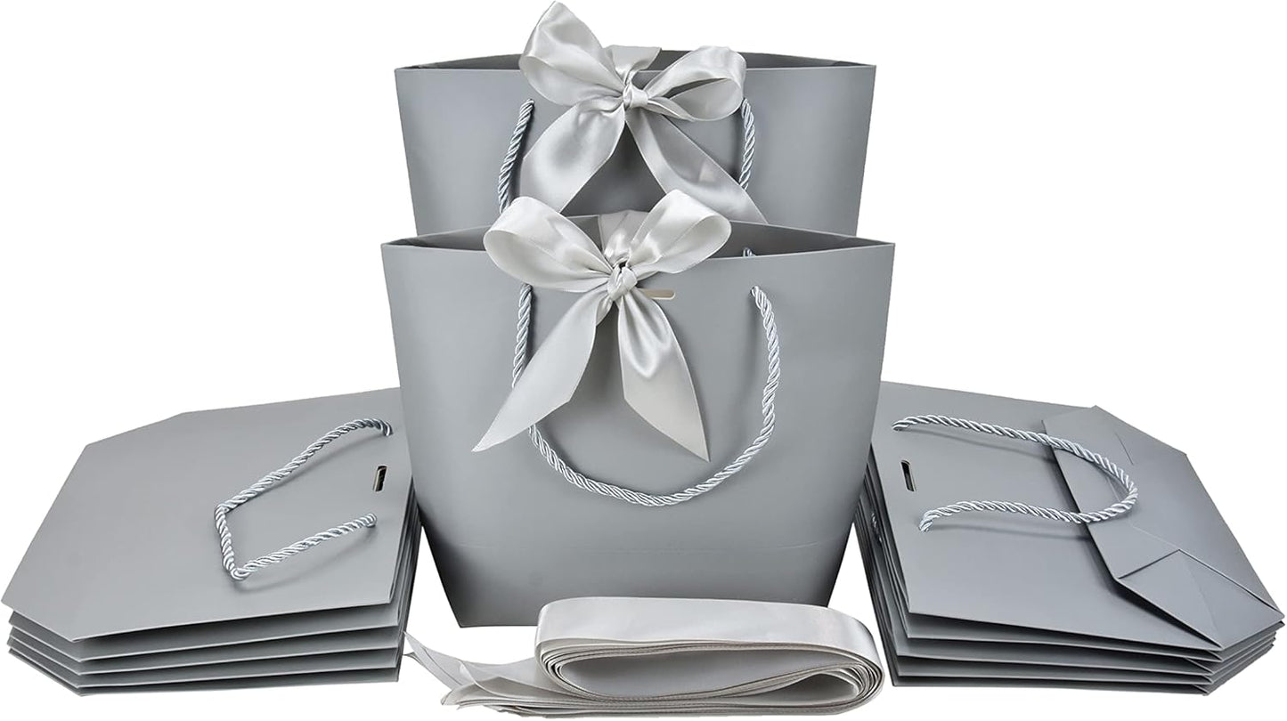 HUAPRINT Gift Bags with Handles,7.48×3.54×7.9 inches,Party Favor Bags with Bow Ribbon,12Pcs Grey Paper Bags for Birthday Wedding Bridesmaid Present Celebration Holiday
