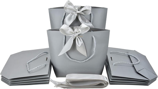 HUAPRINT Gift Bags with Handles,7.48×3.54×7.9 inches,Party Favor Bags with Bow Ribbon,12Pcs Grey Paper Bags for Birthday Wedding Bridesmaid Present Celebration Holiday