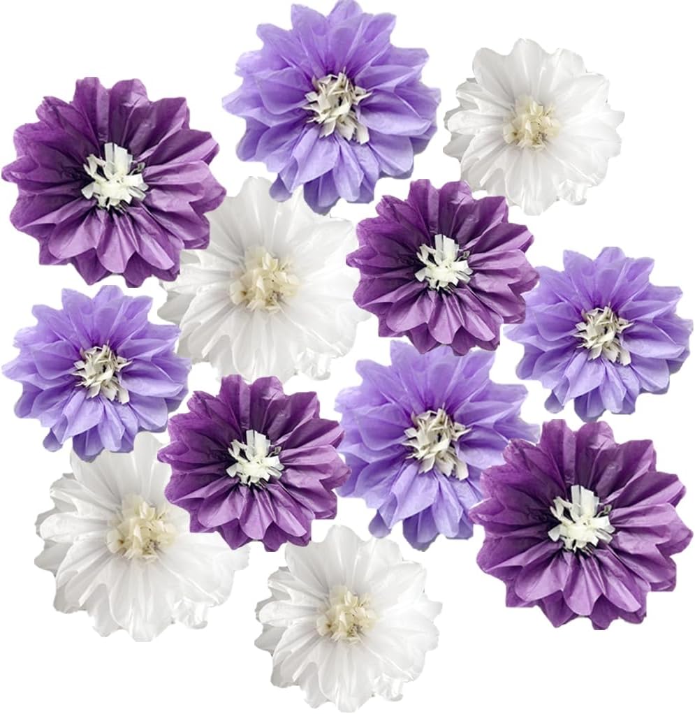 12pcs 8in & 10in Tissue Paper Flowers - Pom Poms, Hanging & Wall Backdrop - Purple Wedding & Party Decorations - DIY Art Craft Blooms for Birthdays & Baby Showers