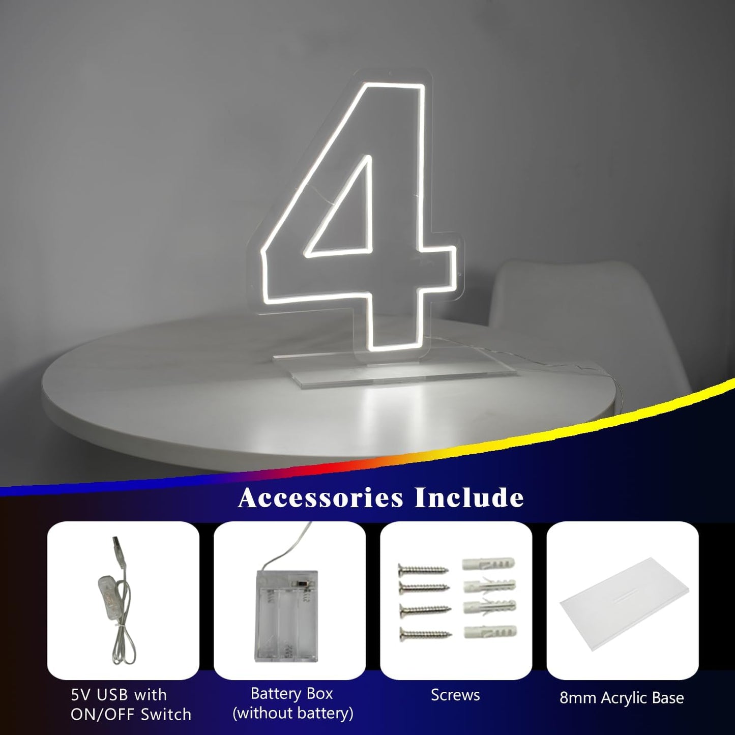 Number 4 Neon Sign for Birthday, 16.54" Cool White USB Battery Powered One Neon Sign for Party Wedding Anniversary Decor Light Sign (Number 4)