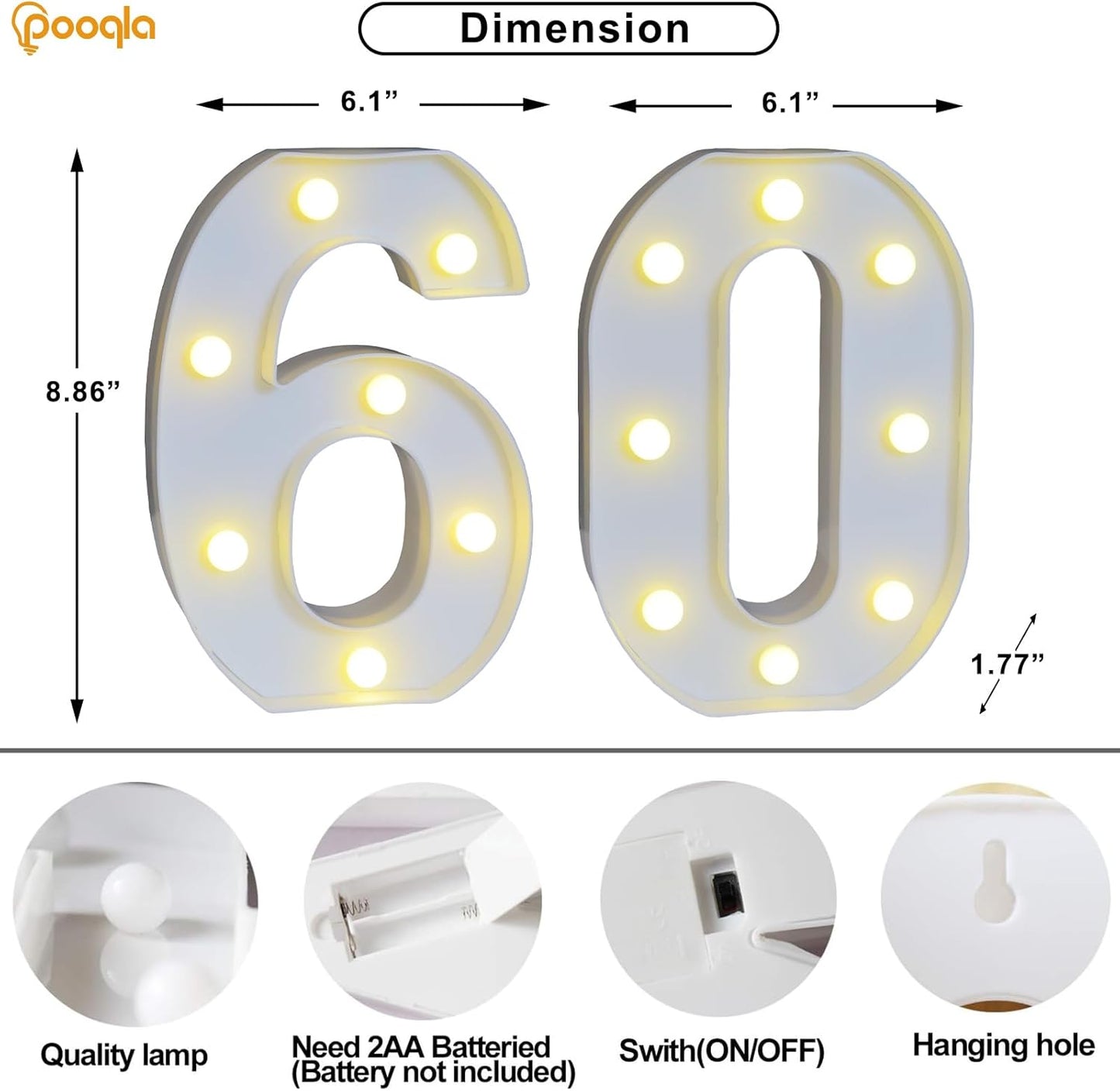 Pooqla Decorative Led Light Up Number Letters, White Plastic Marquee Number Lights Sign for 60th Birthday Party Wedding Decor Battery Operated Number (60)