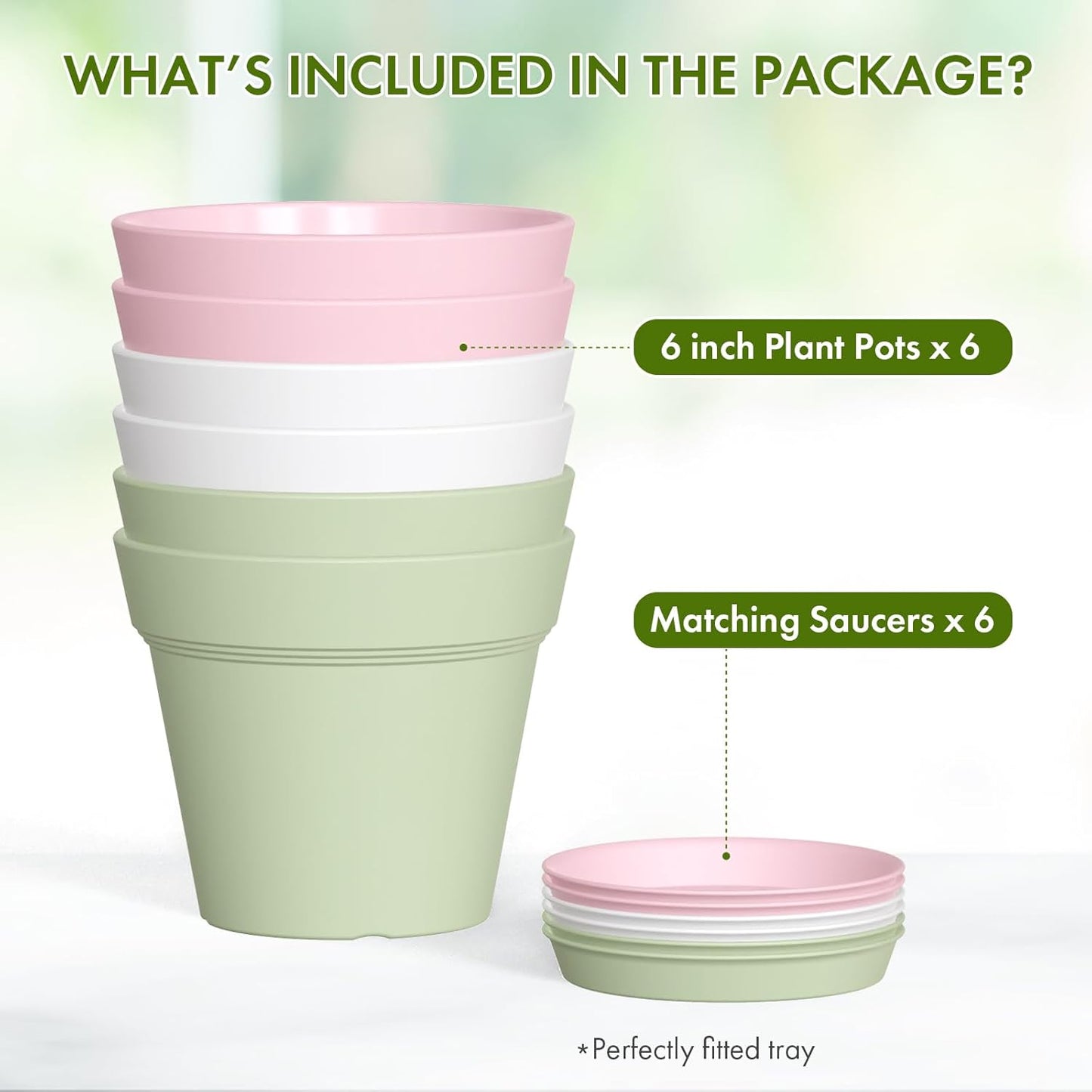 6 Inch Thick Plastic Plant Pots with Drainage Holes and Trays – 6 Pack Nursery Pots for Indoor & Outdoor House Plants, Seedling Starter Planters for Garden Flowers, Colorful