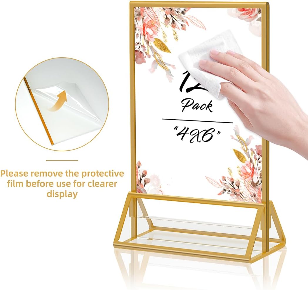 Gold Frames 4x6 Acrylic Sign Holder Double Sided Picture Frames for Wedding Table Number Menu Flyer Display for Office Home Party- Pack of 12