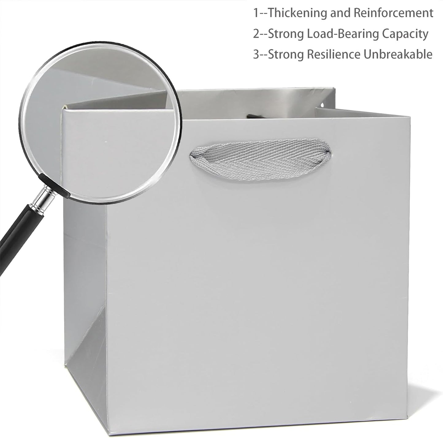 Silver Gray Square Gift Bag 12 in Paper Gift Box Large Square Bottom Kraft Paper Bags with Handles for Party Favor, Birthday Gift Bags (Silver Grey, 12 x 12 x 12 in, 10 CT)