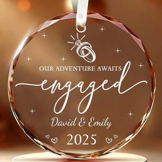 Personalized Engagement Gifts For Couples - Newly Engaged Couples Christmas Ornaments - Happy Engagement Ornament For Her, Bride, Bride To Be, Friends - Just Engaged Glass Ornament