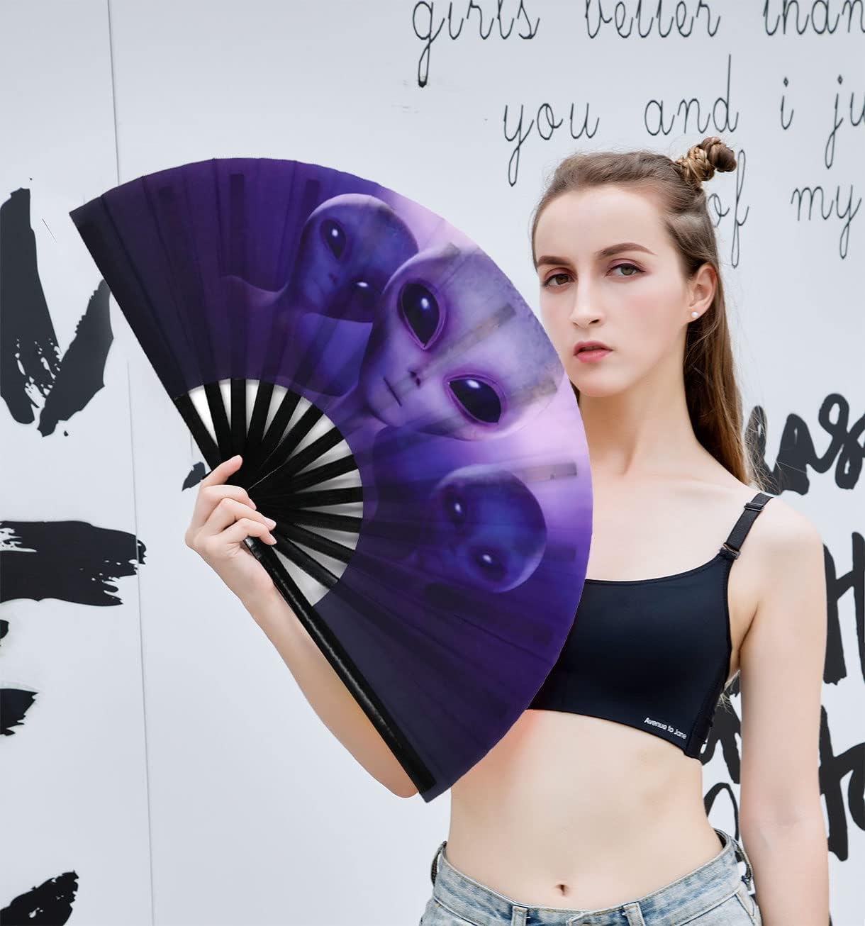 Amajiji Large Folding Hand Rave Fan Popping Fan for Line Dancing Clacking Fans for Boots On The Ground Dance,Party,Decoration,Festival (Three aliens)