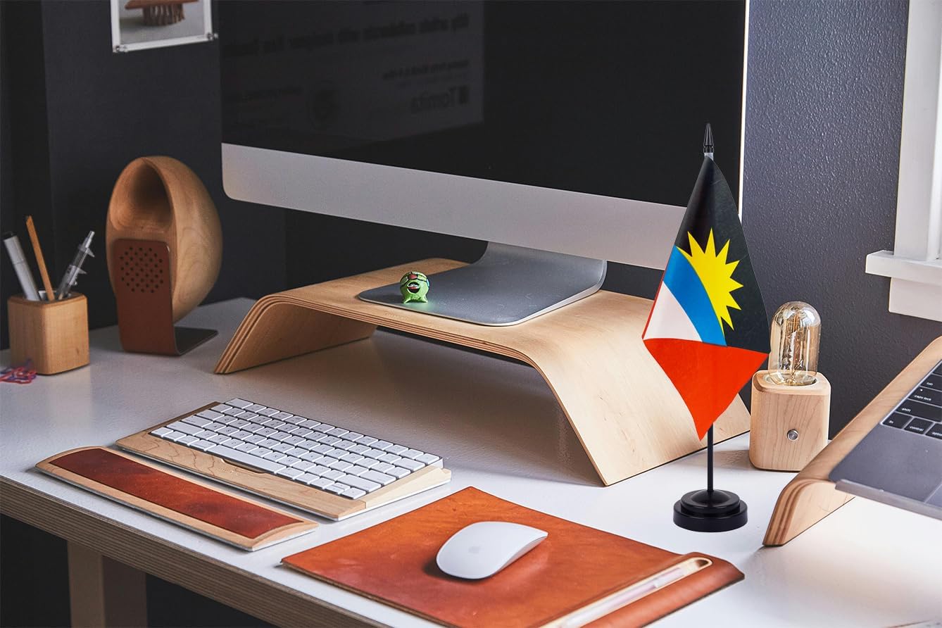 WXTWK 2 Pack Antigua and Barbuda Flag Antigua and Barbuda Deluxe Desk Flag Set - Mini Small Antigua and Barbuda Table Office Flags with Black 12" Solid Pole Stand Base Classroom Meeting Desktop Decorations