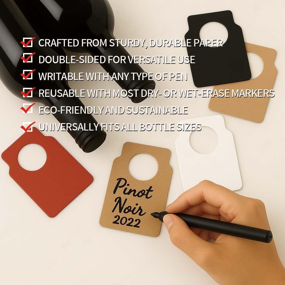 200 PCS Wine Bottle Tags –Paper Hanging Cellar Labels for Bottle Neck, Double-Sided Writable Gift Tags for Wine Racks, Champagne & Homebrew Organization (4 Color)