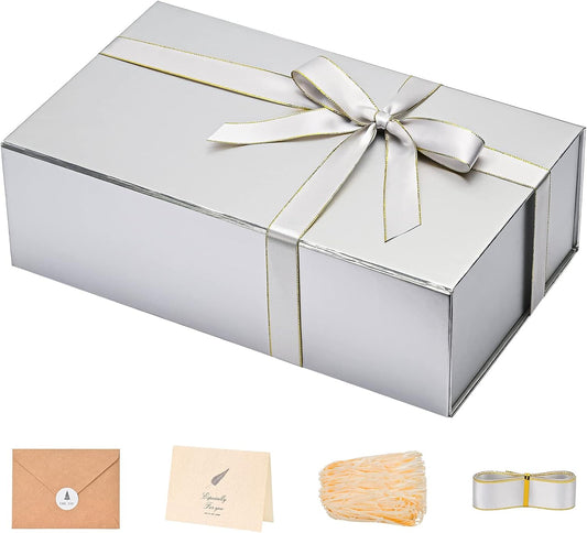 LIFELUM Gift Boxes with Lids,1 Pack 13.85 x 8.35 x 4.45 inch Silver Gift Boxes with Ribbon, Card, Shredded Paper Filler Gift Boxes for Presents,Graduation,Christmas,Birthdays