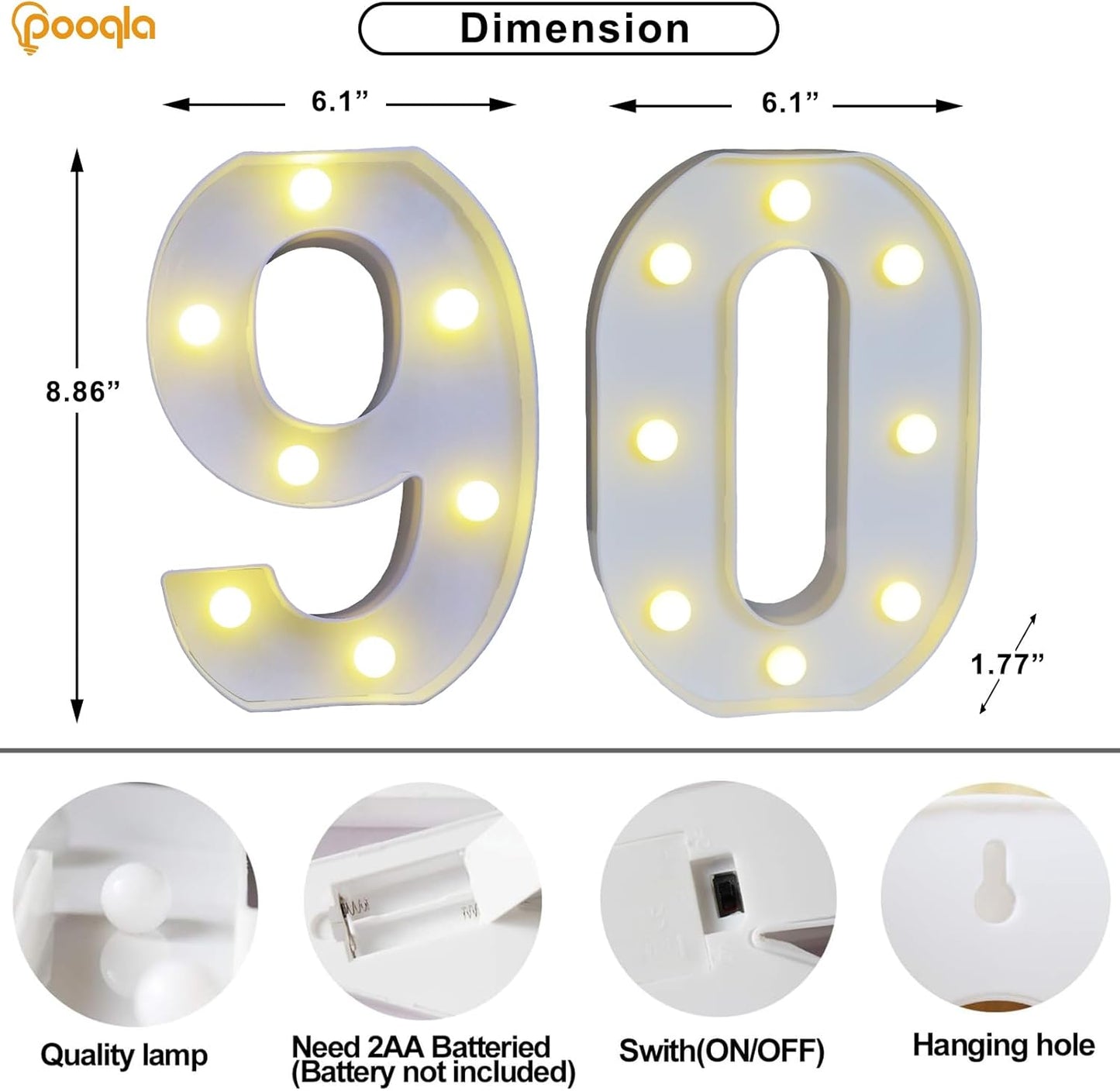 Pooqla Decorative LED Light Up Number Letters, White Plastic Marquee Number Lights Sign for 90th Birthday Party Wedding Decor, Battery Operated