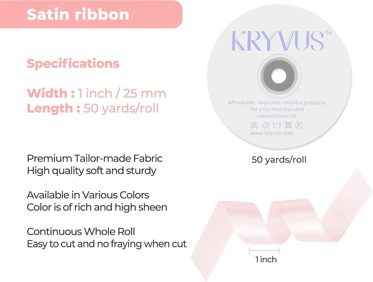 Baby Pink Satin Ribbon 1 inch X Continuous 50 Yards, Single Face Polyester Ribbon Perfect for Gift Wrapping, Flower Bouquet, Wedding Decor, Crafts, Bow Making, Sewing and More