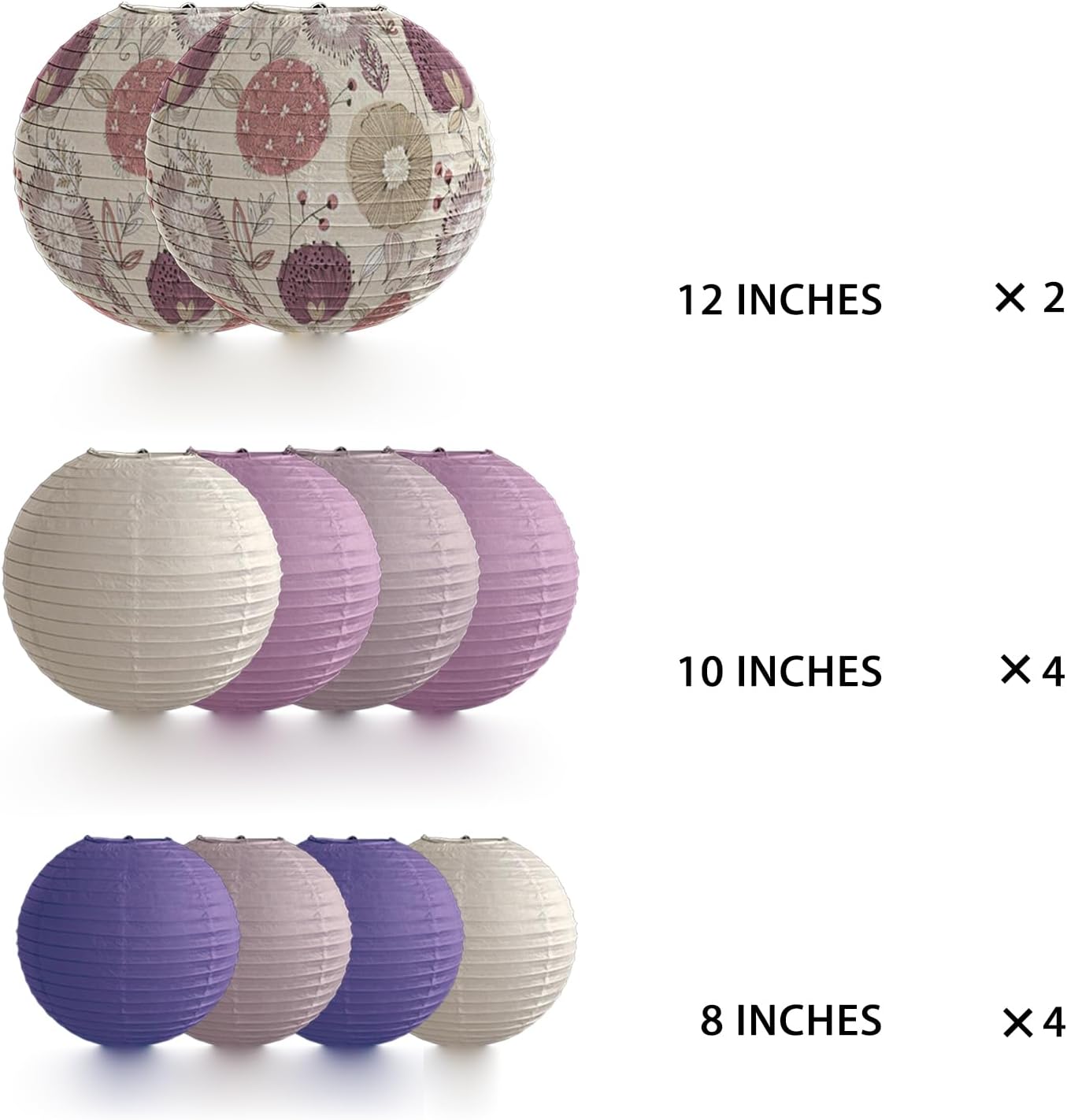 Paper Lanterns Party Decorations Size of 12’10’8inch Floral Pattern Purple Pink Japanese Chinese Lantern Hanging Paper Lantern Bohemian Style Baby Shower Birthday Decorations