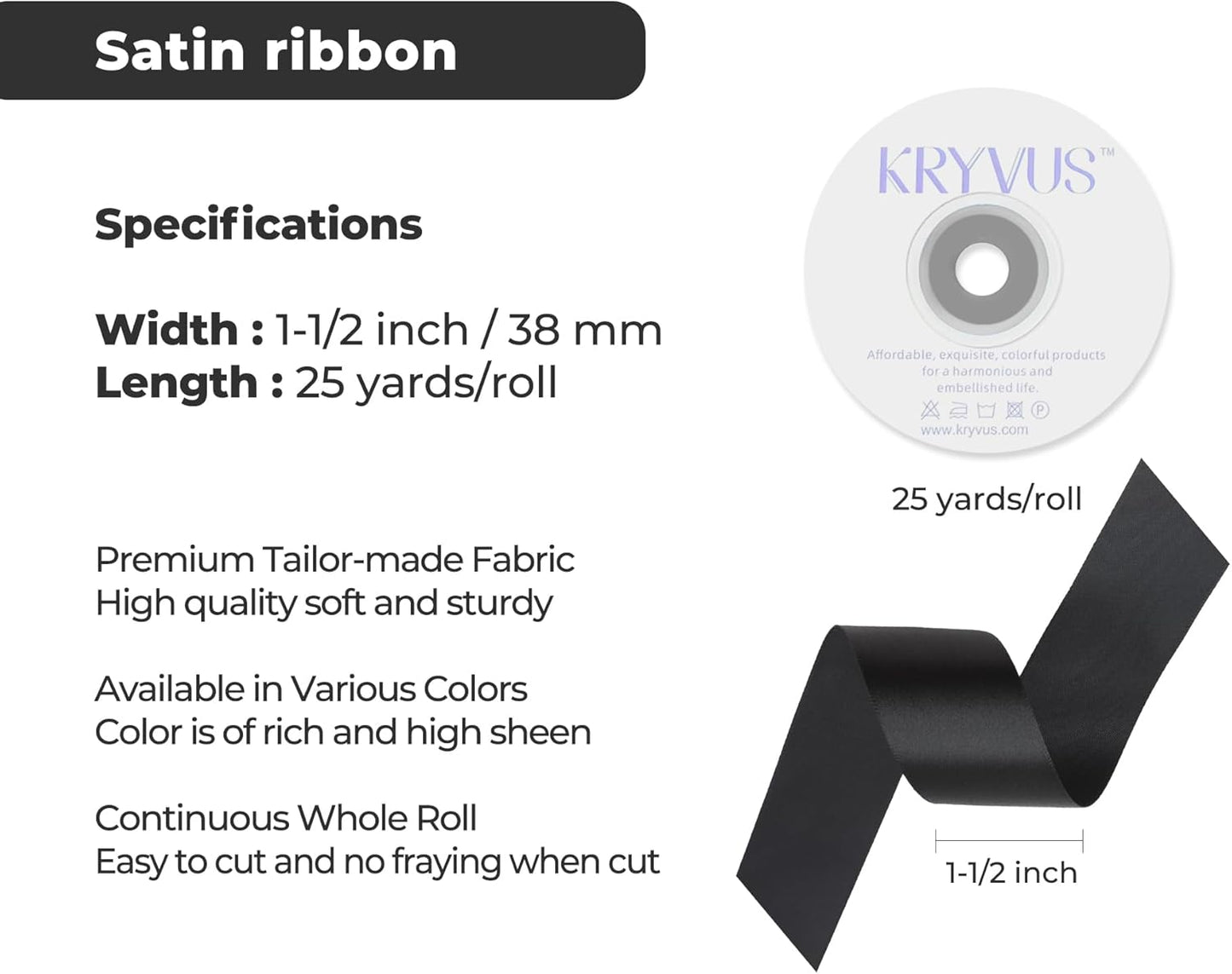 Black Satin Ribbon 1-1/2 inch X Continuous 25 Yards, Single Face Polyester Ribbon Perfect for Gift Wrapping, Flower Bouquet, Wedding Decor, Crafts, Bow Making, Sewing and More