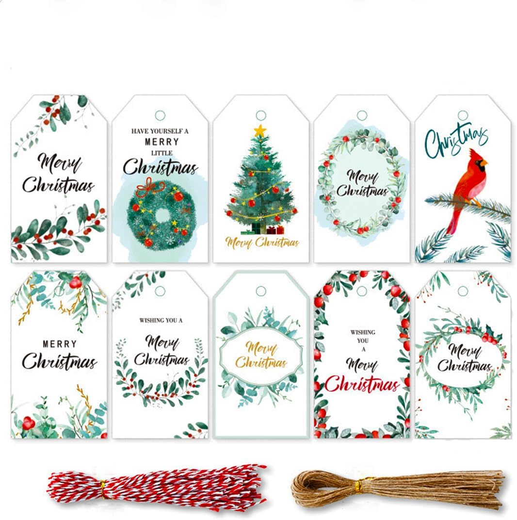 100 Pack Beautiful Christmas Gift Tags， Xmas Beautiful Gift Tags with Jute Twine Baker Twine for DIY Xmas Holiday Present Wrap Stamp and Label Package Name Card