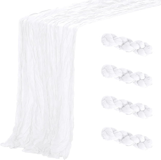 Aktor 4 Pack White Table Runner Boho Cheesecloth Table Runner Semi Sheer Gauze Fabric Runners for Wedding Birthday Baby Shower Party Boho Table Decoration（White）