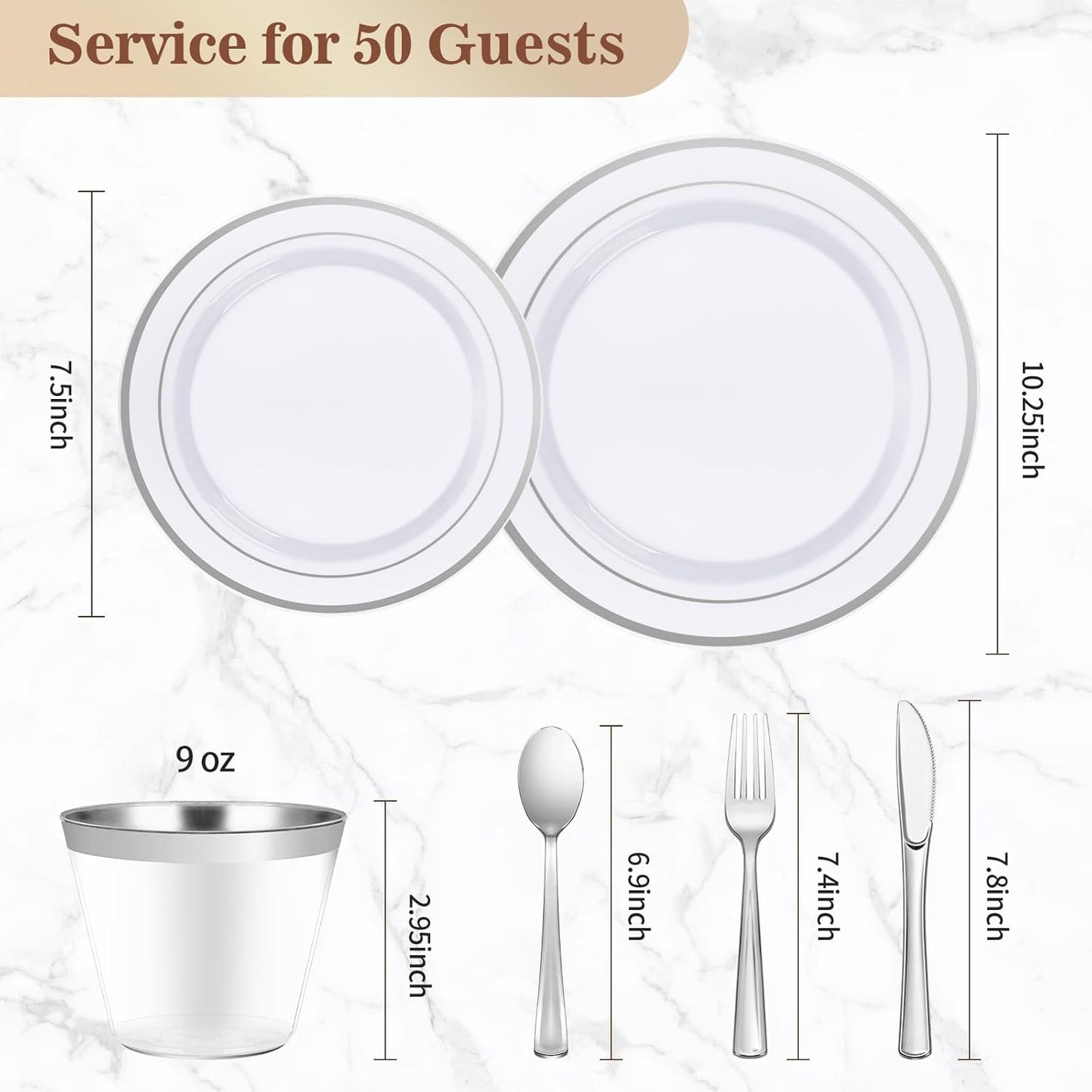 BESTVIP 300PCS Plastic Dinnerware Set (50 Guests), Silver Disposable Plates for Party, Wedding, Christmas, Anniversary, Includes: Dinner Plates, Dessert Plates, Cups, Spoons, Forks and Knives