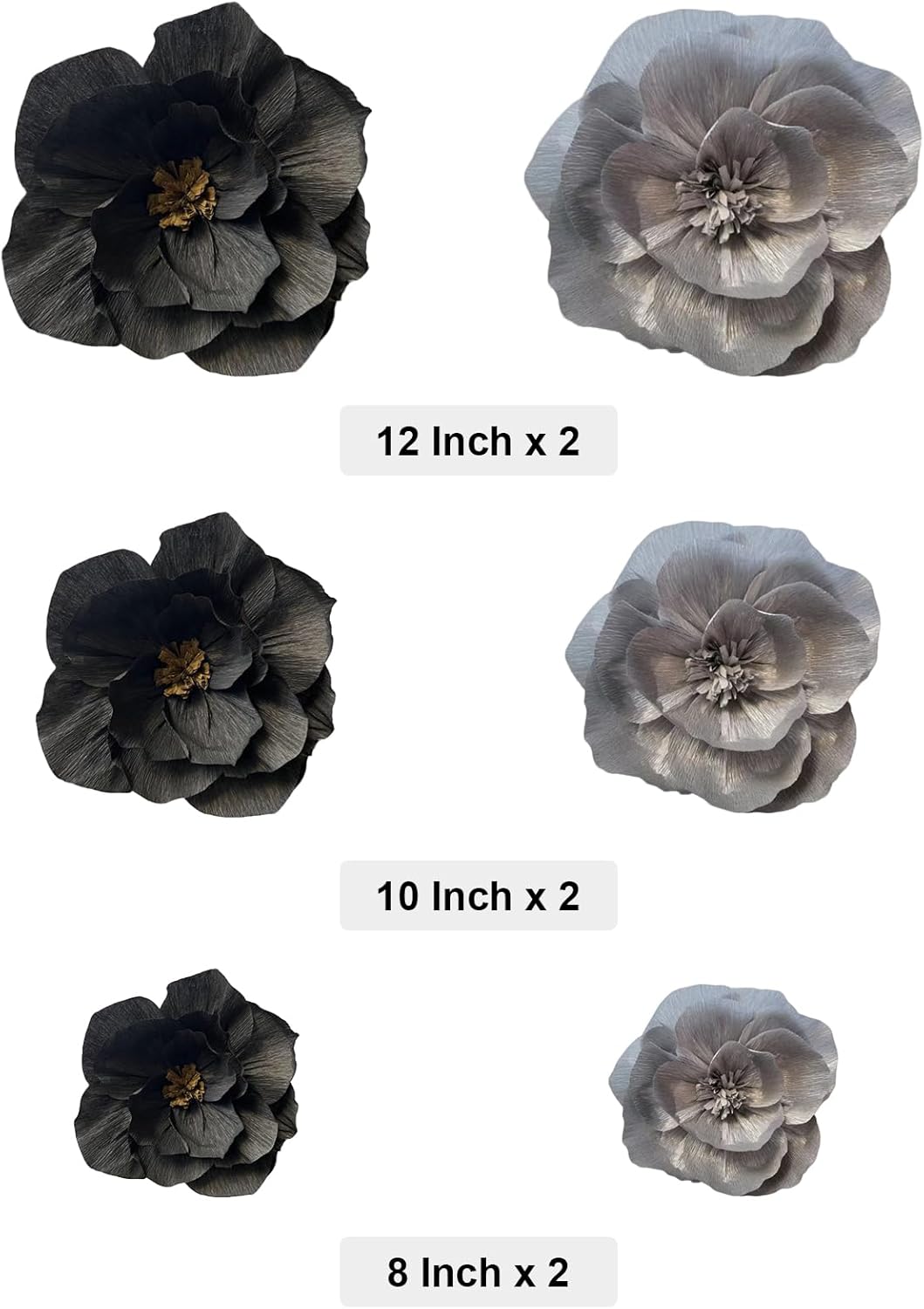 BRT Bearingshui Crepe Paper Flowers Decoration for Wall Total 6 Pcs, Artificial Flowers for Wedding Decor,Flower Backdrop Decor, Baby Bridal Shower Birthday Party, Silver Black 3D Wall Flowers Decor