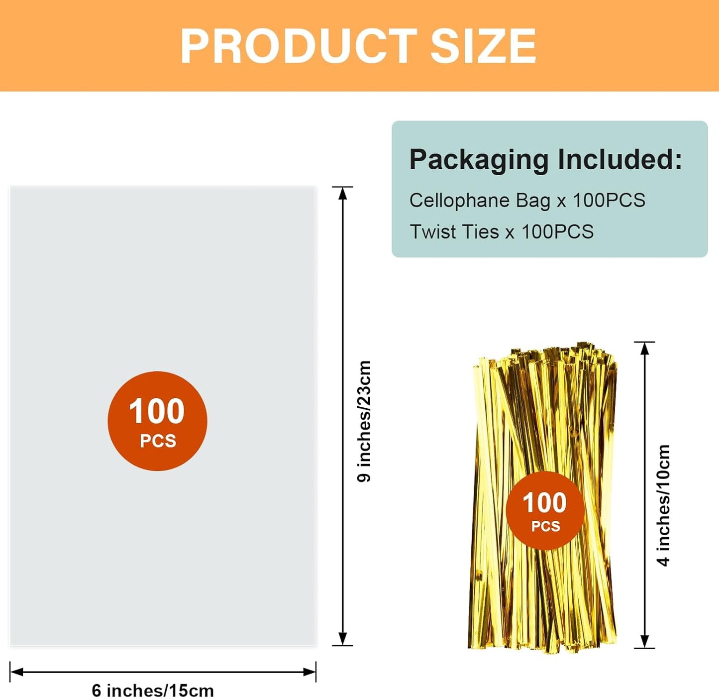 ZHEWTOEN 100 Pcs 6x9 Inch Clear Cellophane Bags with Color Twist Ties, Plastic Goodie Cello Treat Bags for Candy, Cookies, Popcorn, Small Gift Wrapping, Party Favors, Bakery Packaging