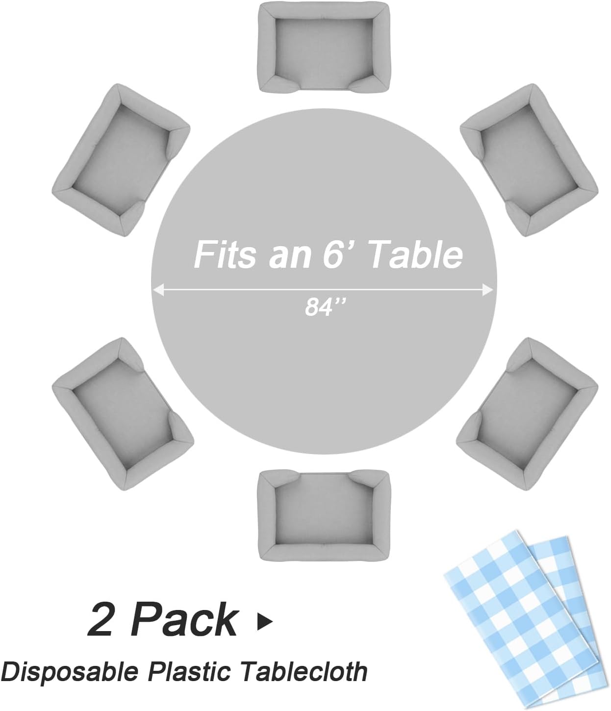 QIKSION Blue Gingham Round Tablecloth 2 Pack, 84 Inch Plastic Checkered Table Cover Disposable for Parties
